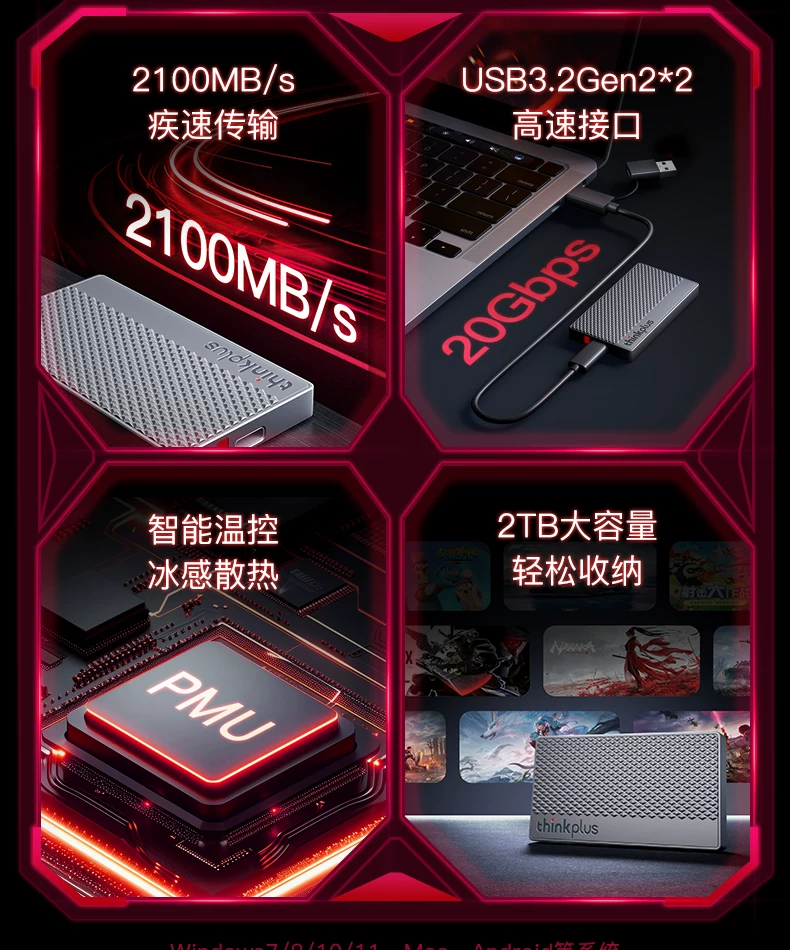 Lenovo Gaming Dedicated Mobile Solid State Drive 1t High Speed and Large Capacity 2t External Laptop External SSD