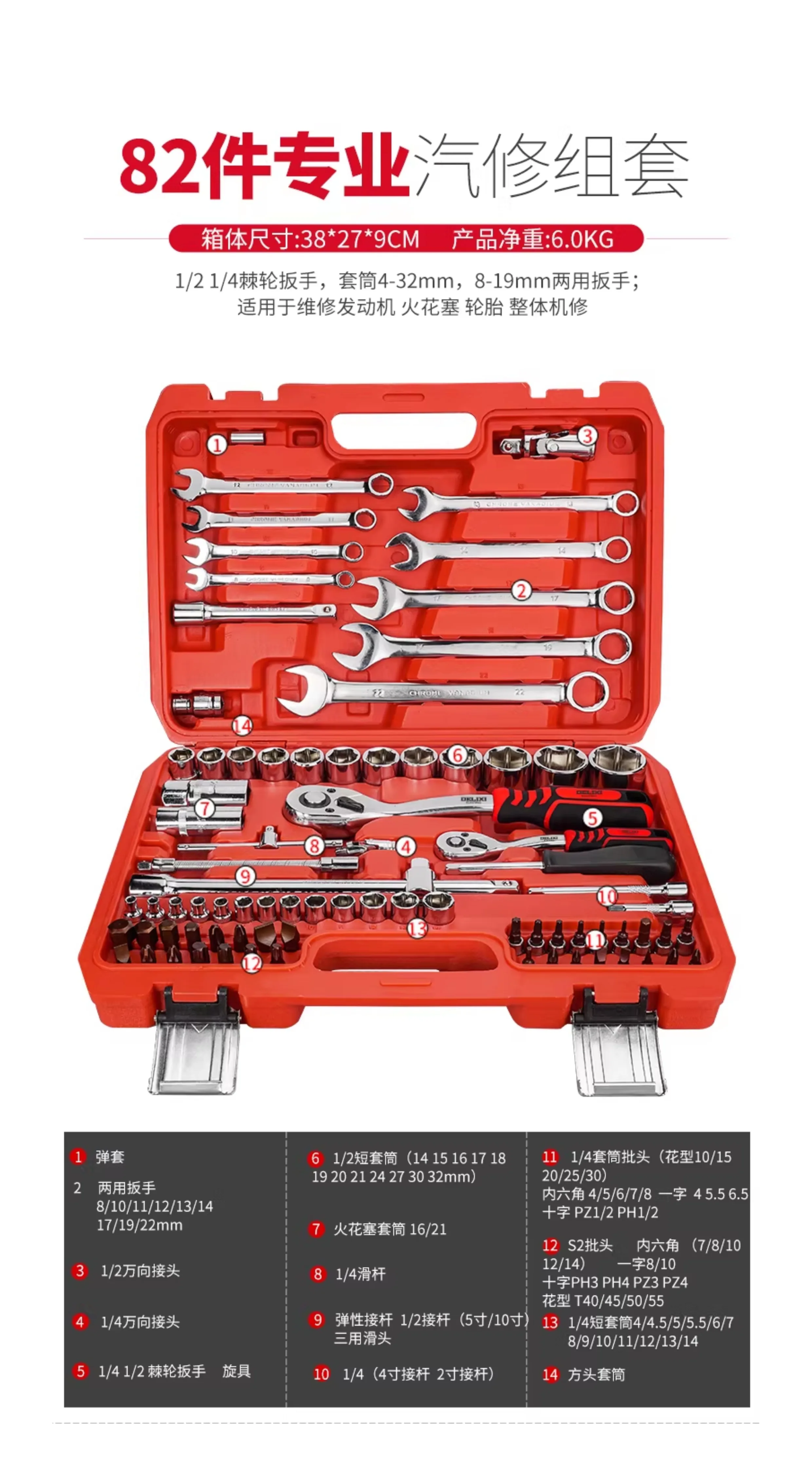 Delixi Auto Repair Tool Set Socket Wrench Ratchet Car Repair Combination Repair Box Multi functional 1/4 inch Socket Wrench