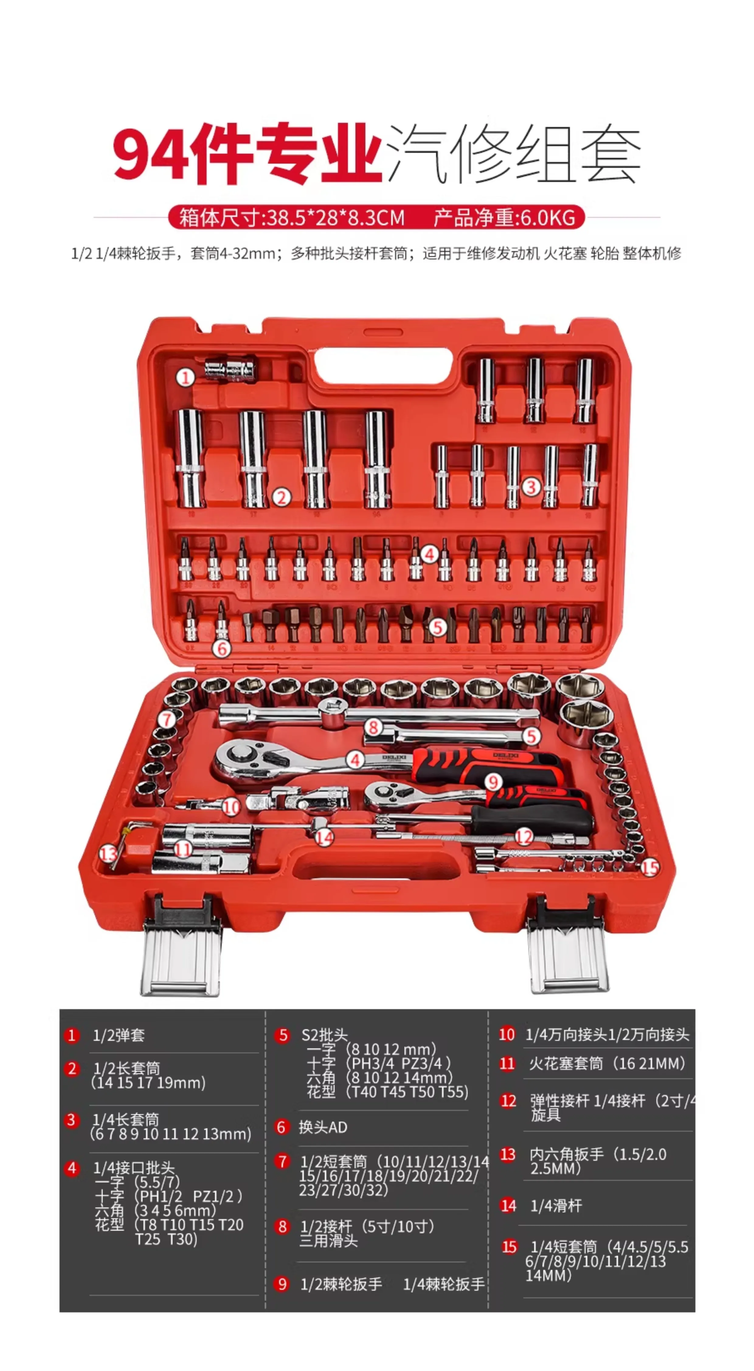 Delixi Auto Repair Tool Set Socket Wrench Ratchet Car Repair Combination Repair Box Multi functional 1/4 inch Socket Wrench