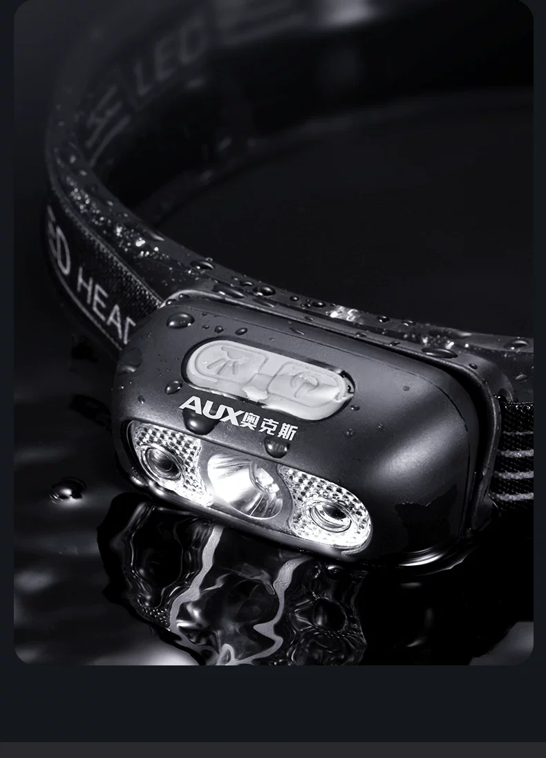 AUX headlights, strong light charging, ultra bright sensing, head mounted lighting, ultra long endurance, outdoor fishing, hiking, small size