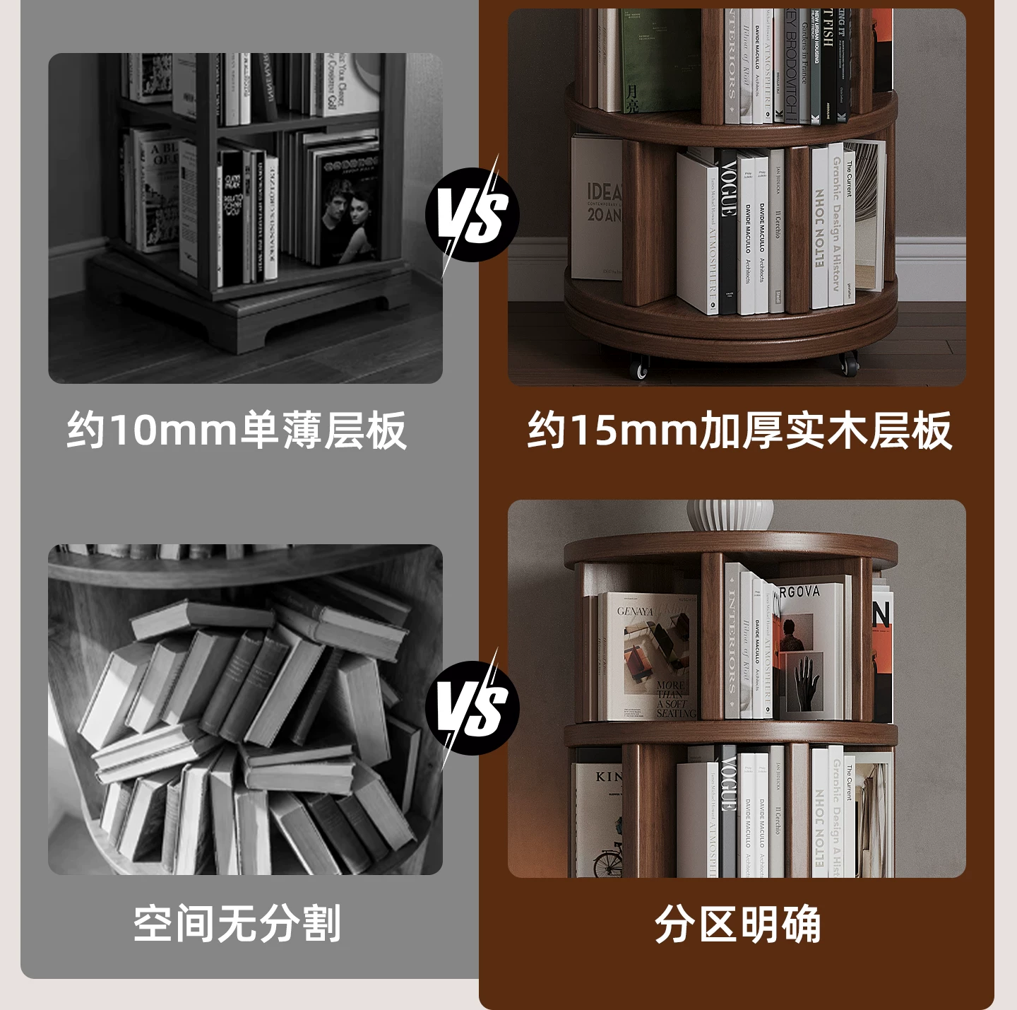 Solid wood core rotating bookshelf, 360 degree movable living room retro narrow bookshelf, floor standing storage rack, multi-layer storage cabinet