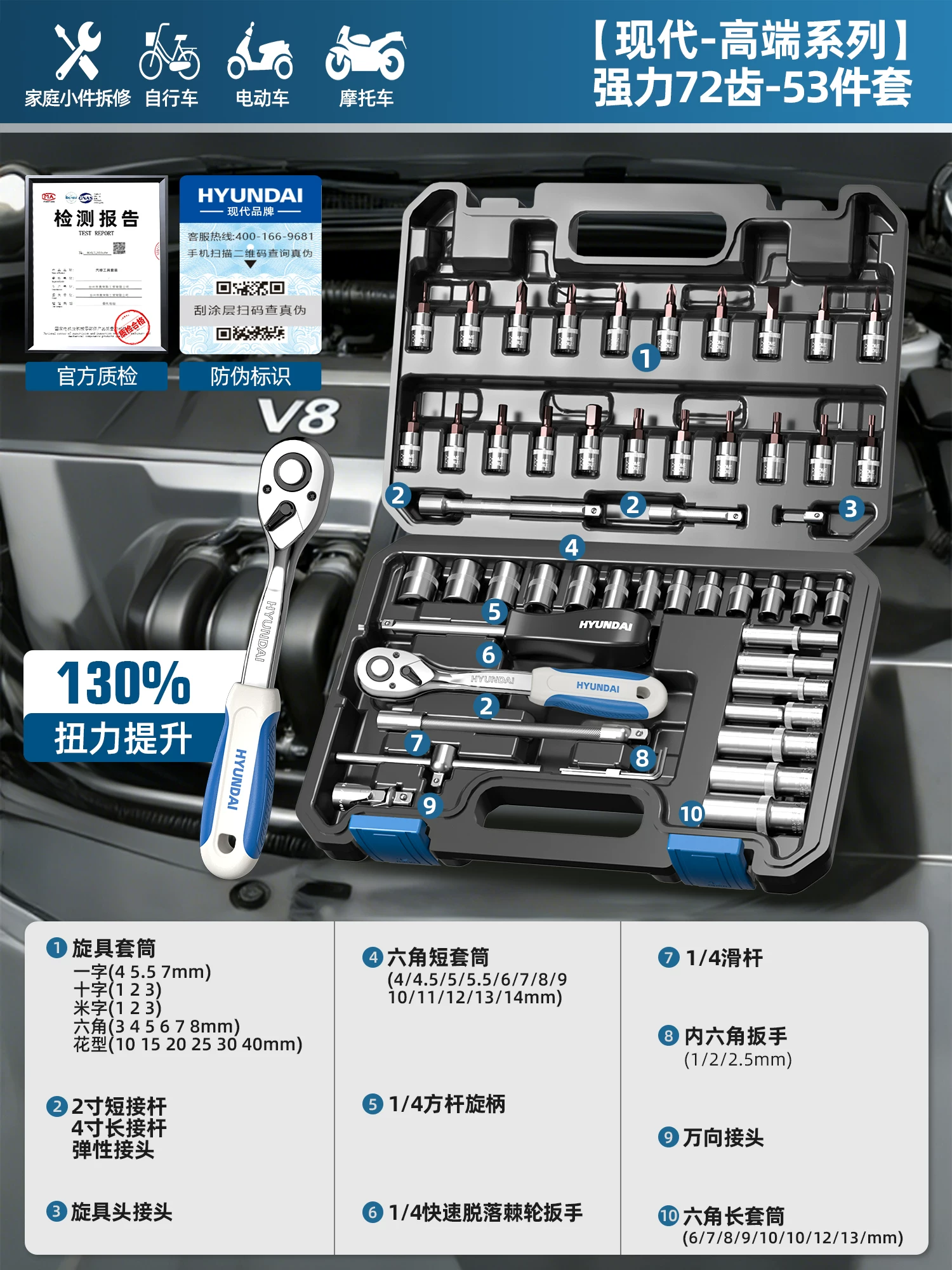 现代套筒组合套装棘轮扳手1/4吋套筒扳手中飞大飞修车汽修维修工具组合全套