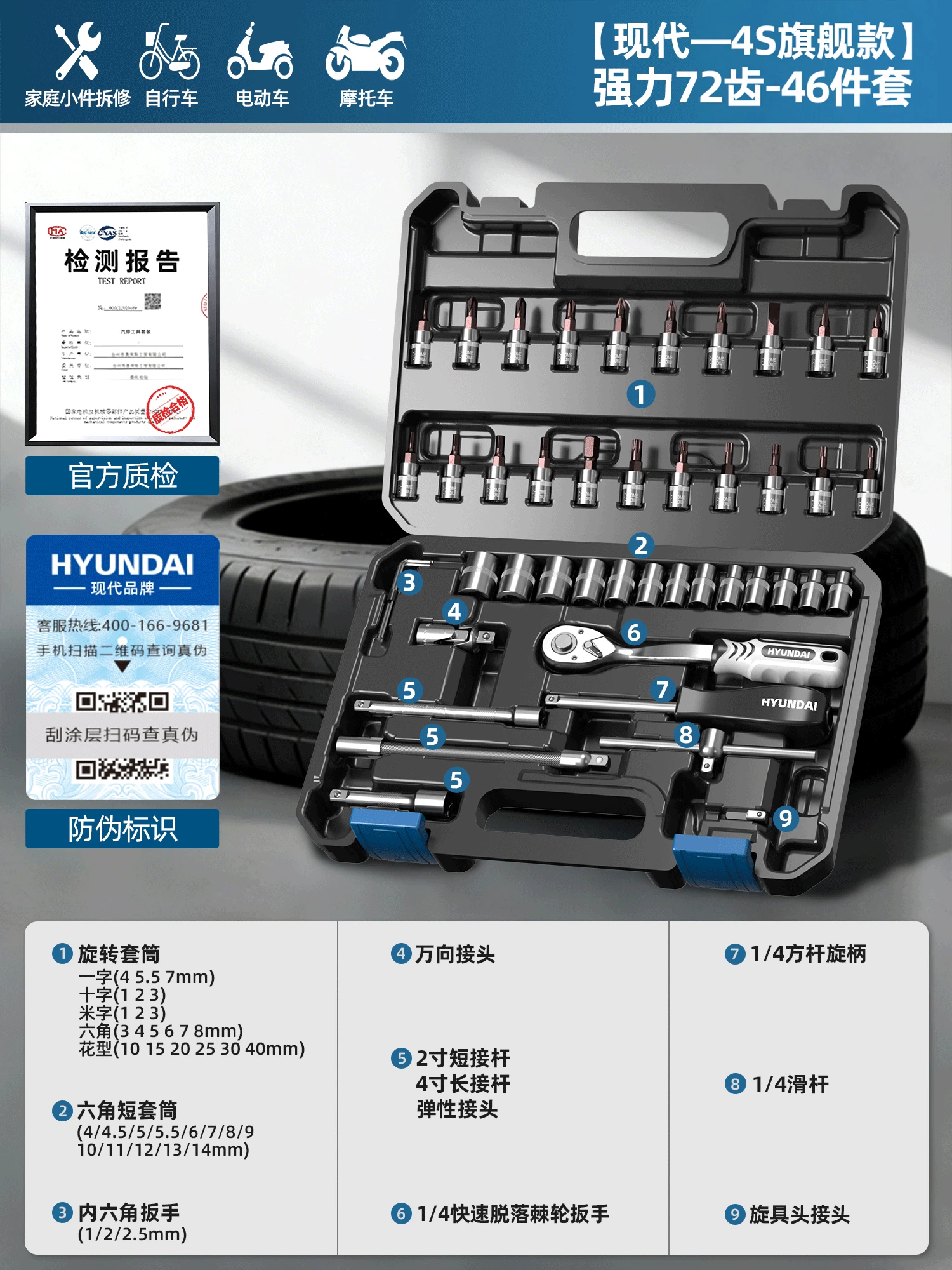 现代套筒组合套装棘轮扳手1/4吋套筒扳手中飞大飞修车汽修维修工具组合全套