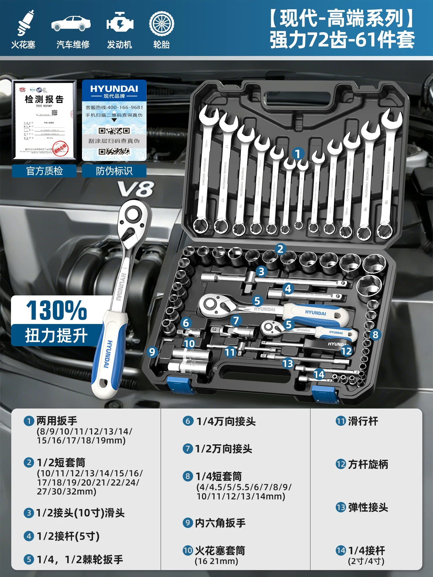 现代套筒组合套装棘轮扳手1/4吋套筒扳手中飞大飞修车汽修维修工具组合全套