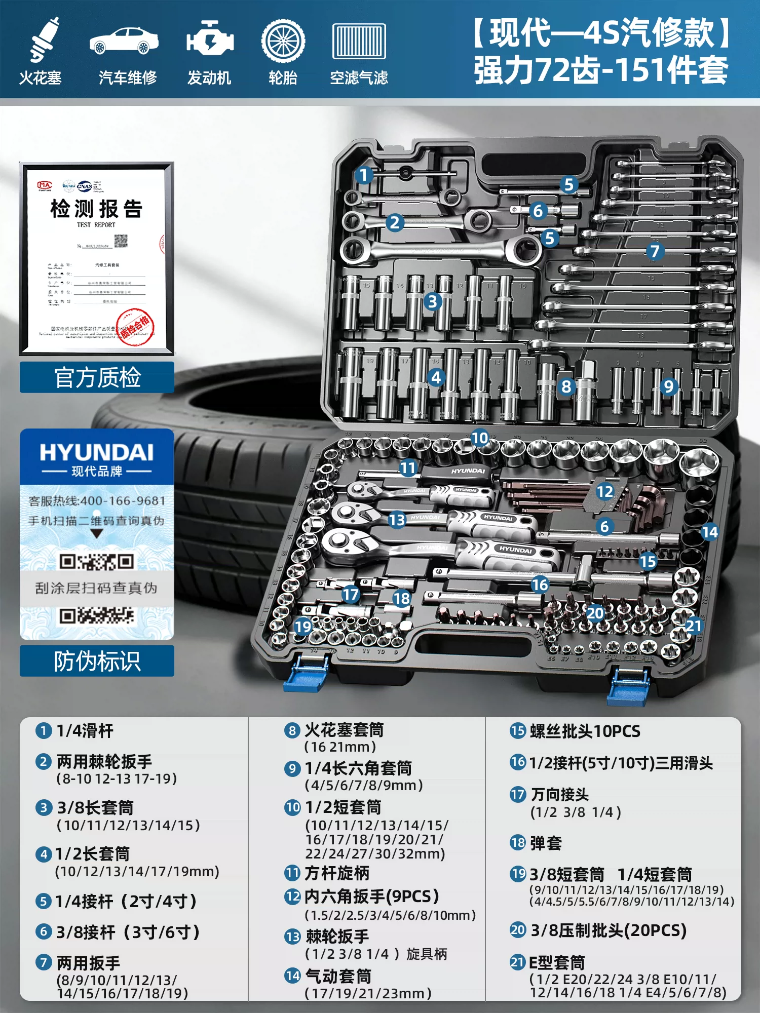 现代套筒组合套装棘轮扳手1/4吋套筒扳手中飞大飞修车汽修维修工具组合全套