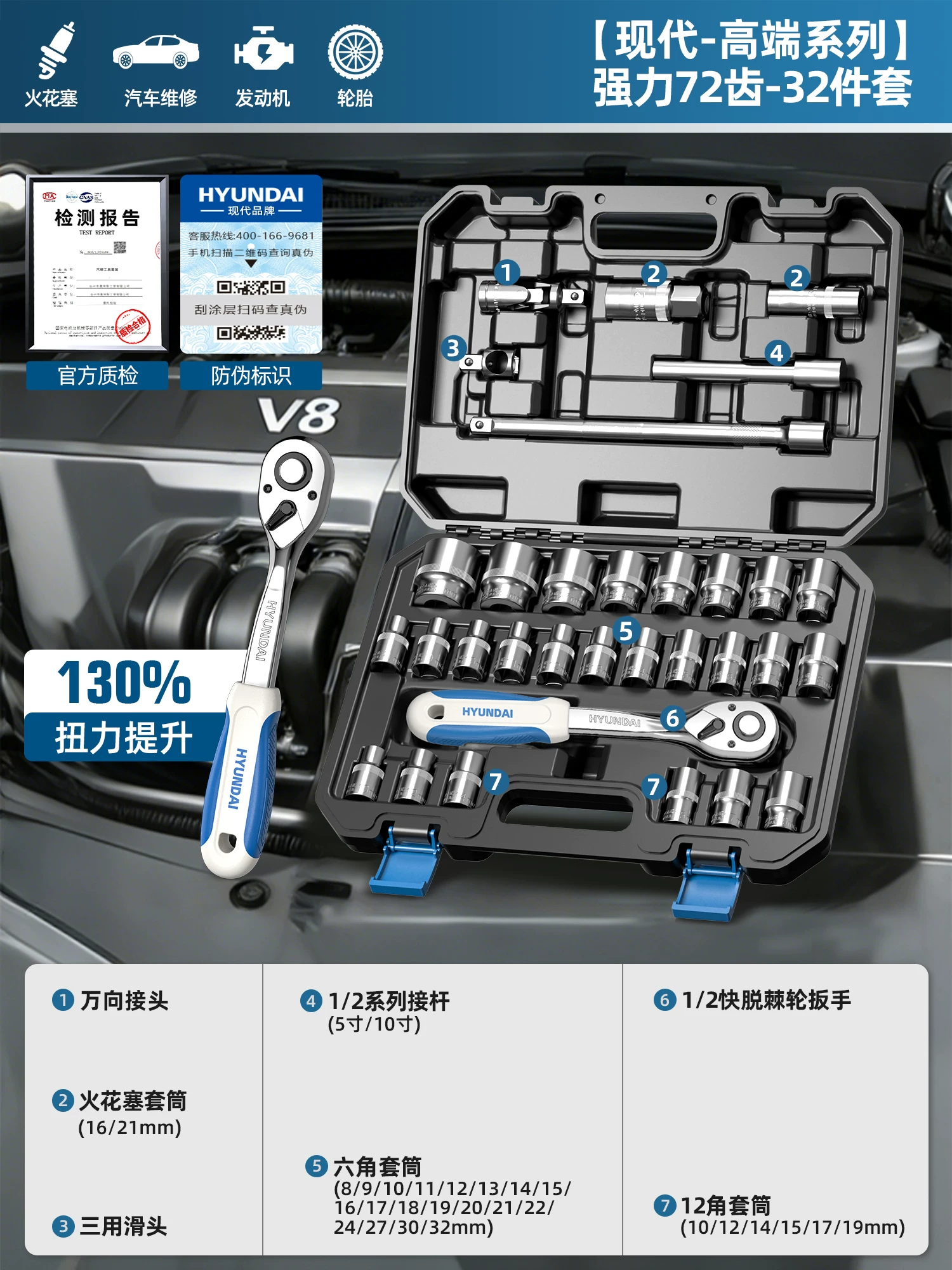 现代套筒组合套装棘轮扳手1/4吋套筒扳手中飞大飞修车汽修维修工具组合全套