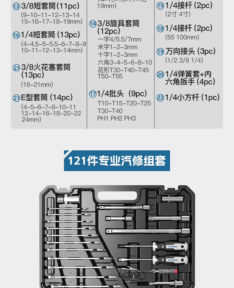 现代套筒组合套装棘轮扳手1/4吋套筒扳手中飞大飞修车汽修维修工具组合全套