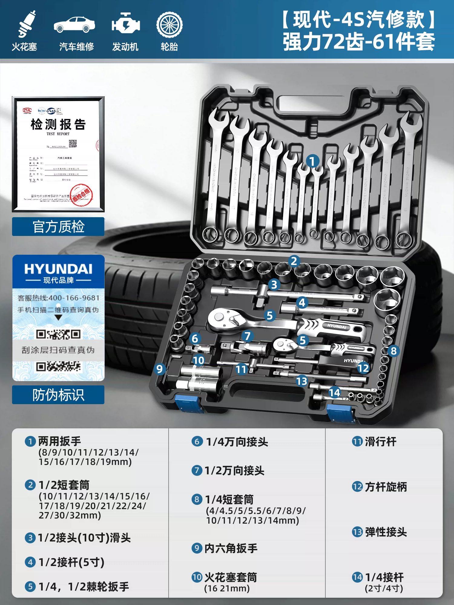 现代套筒组合套装棘轮扳手1/4吋套筒扳手中飞大飞修车汽修维修工具组合全套