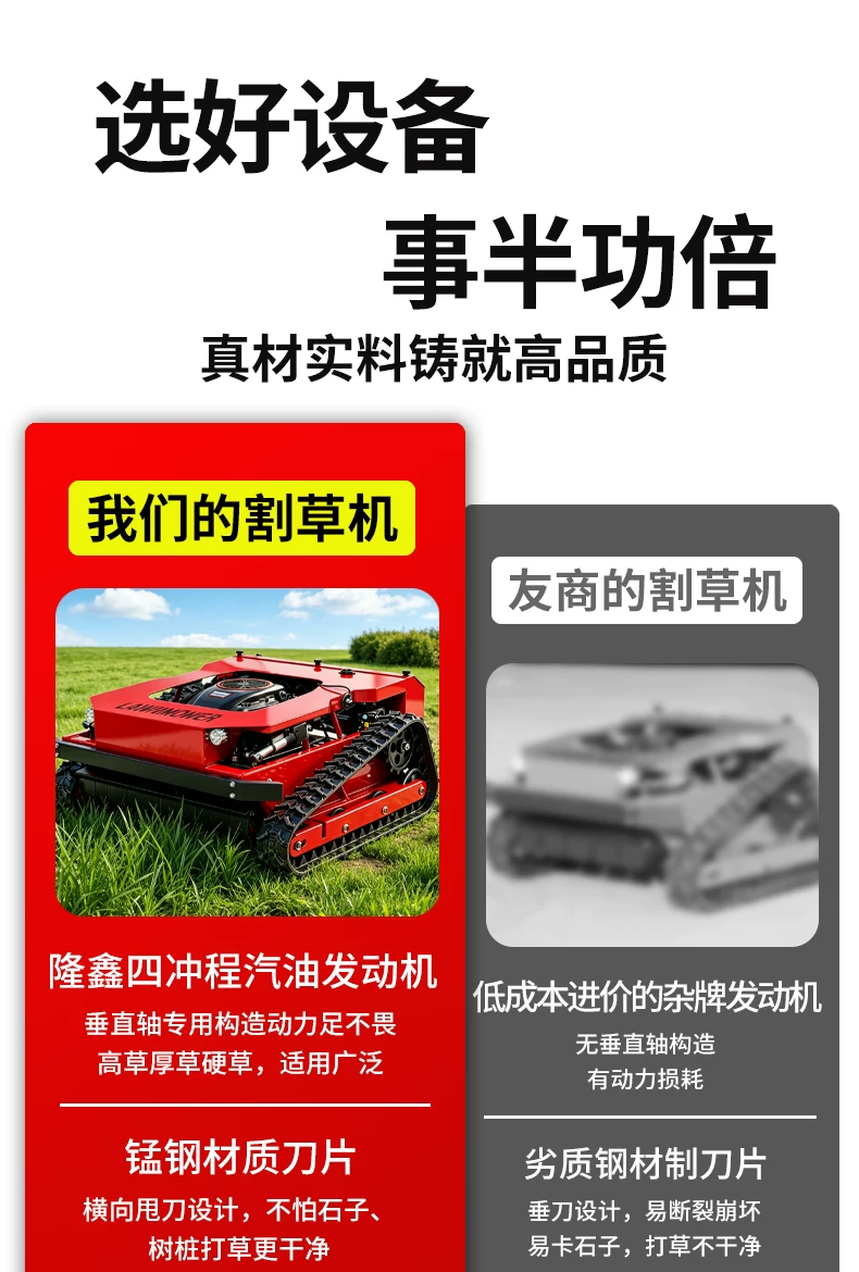Remote controlled tracked lawn mower, all terrain reclamation machine, orchard hillside weeding and grass crushing machine, self-propelled lawn mower