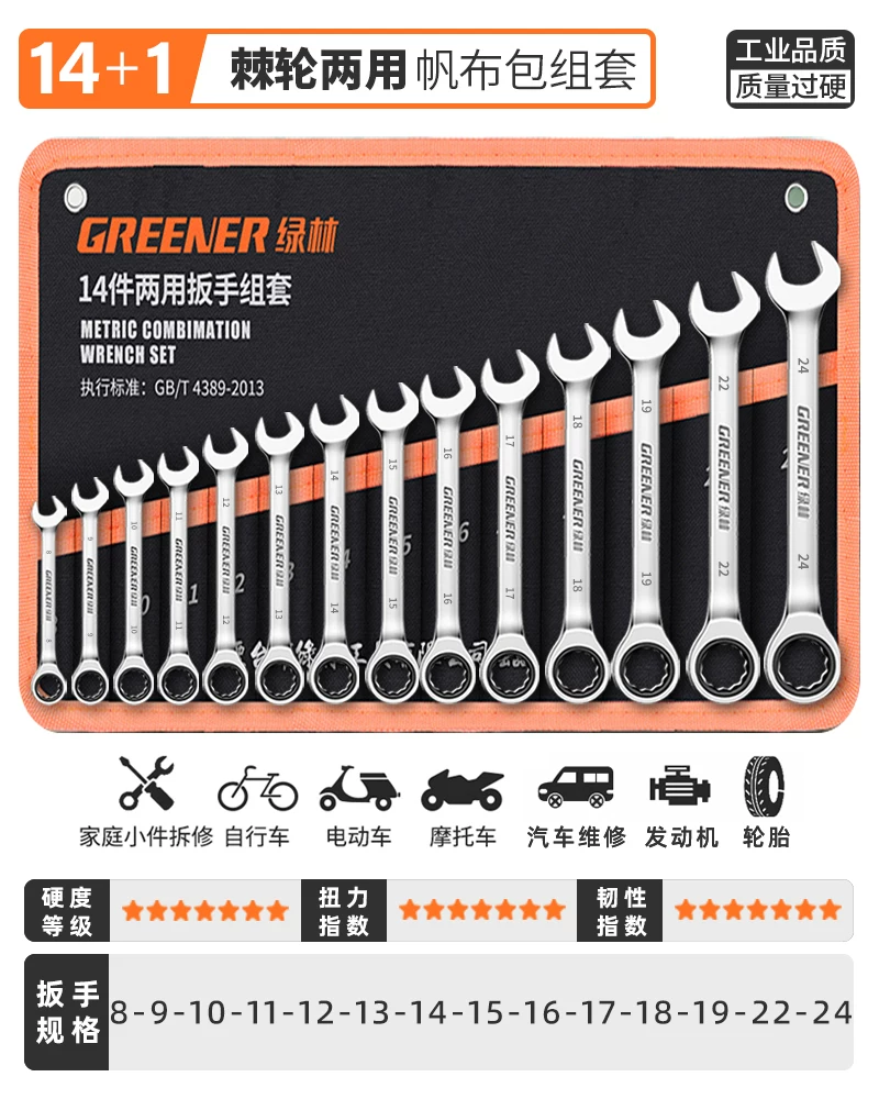German Green Forest Dual purpose Wrench Set 15 piece Metric Plum Wrench and Ratchet Tool Set