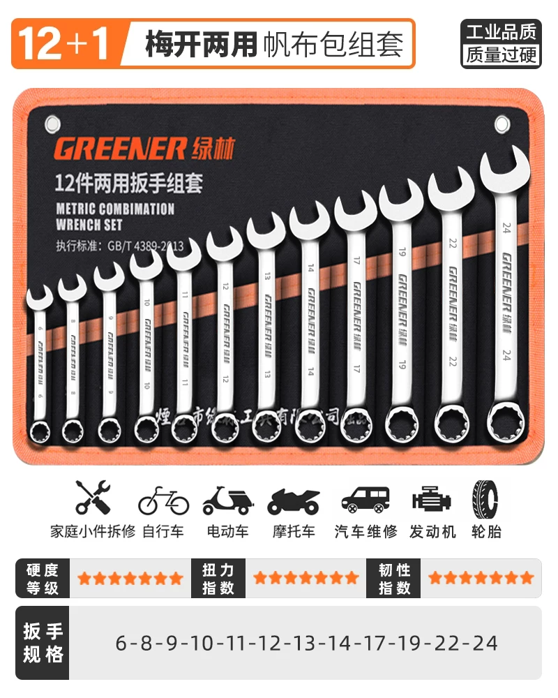 German Green Forest Dual purpose Wrench Set 15 piece Metric Plum Wrench and Ratchet Tool Set