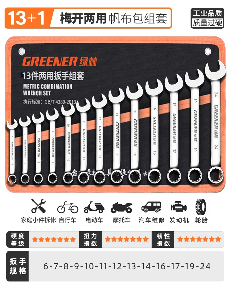German Green Forest Dual purpose Wrench Set 15 piece Metric Plum Wrench and Ratchet Tool Set