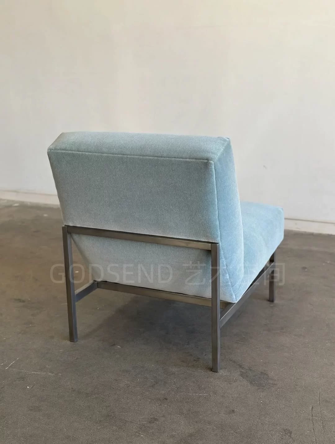 Bauhaus Armless Single Sofa Chair Vintage Lake Blue Velvet Fabric Living Room Leisure Chair Metal Frame