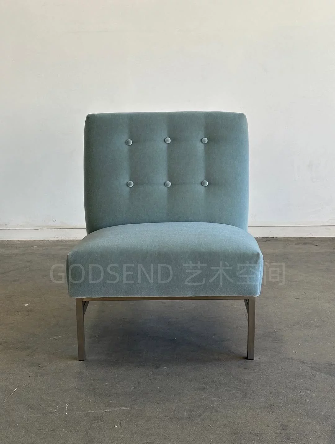 Bauhaus Armless Single Sofa Chair Vintage Lake Blue Velvet Fabric Living Room Leisure Chair Metal Frame