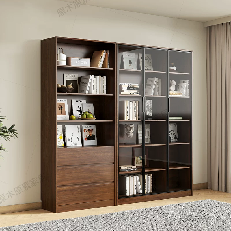 Solid wood bookshelf, storage cabinet, integrated home living room, wall mounted display cabinet, storage rack with glass door, floor standing filing cabinet