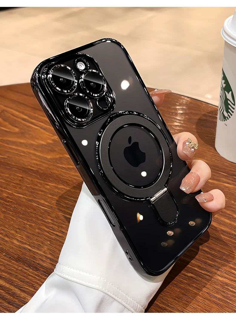 Suitable for iPhone 16 Promax phone case magnetic pivot bracket, Apple 17 transparent all inclusive anti drop 14 hard cover