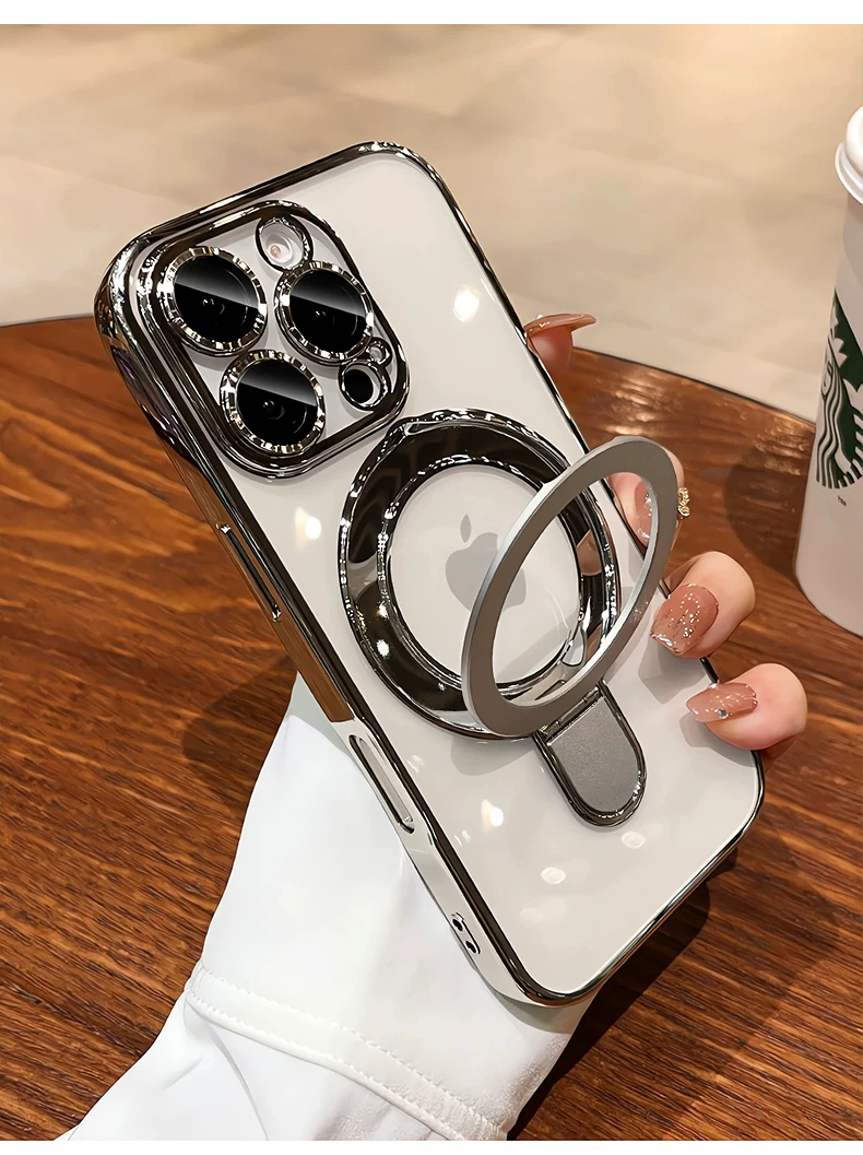 Suitable for iPhone 16 Promax phone case magnetic pivot bracket, Apple 17 transparent all inclusive anti drop 14 hard cover
