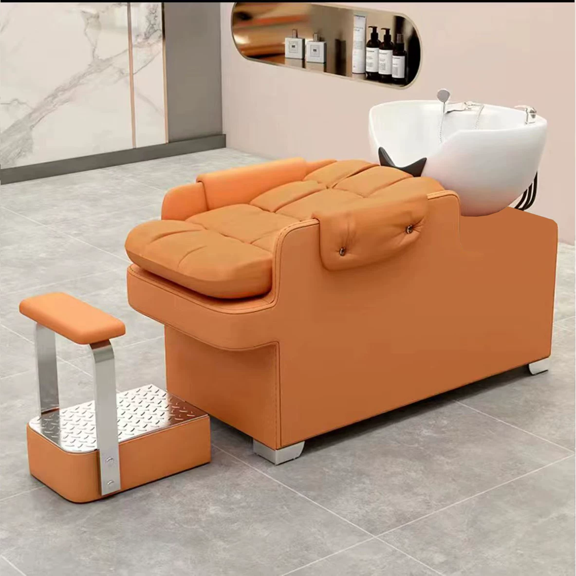 New hair washing bed, hair salon exclusive semi reclining large ceramic basin with foot pedals, high-end modern hair washing and hairdressing lounge chair
