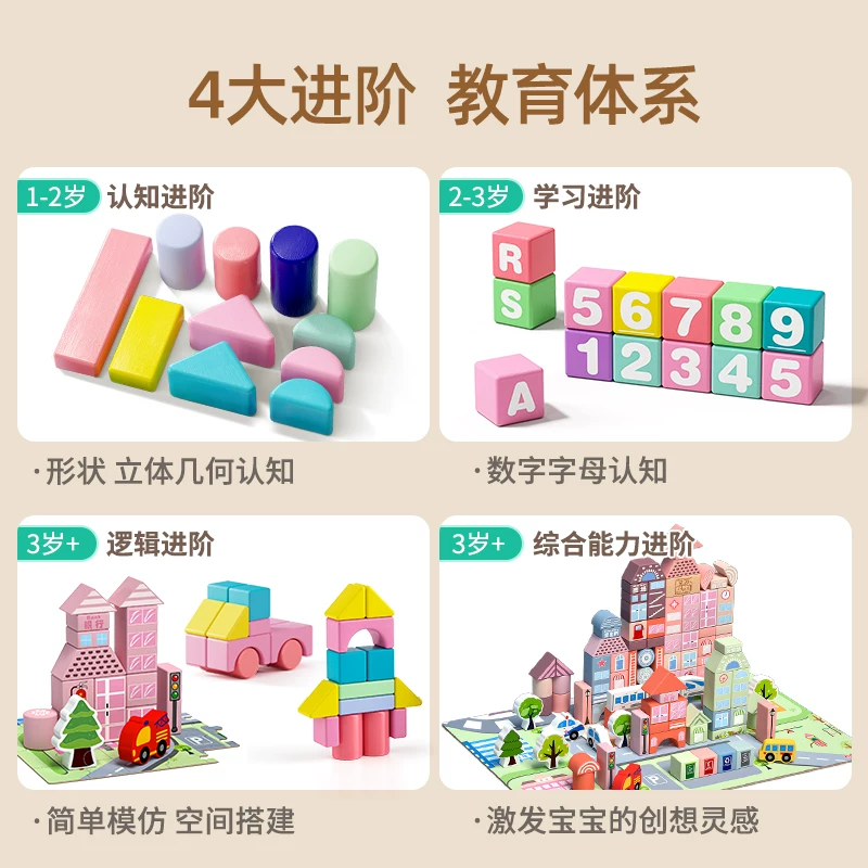 Baby building blocks from 0 to 3 years old, 6 solid wooden particles assembled puzzle toys, puzzle 1, 2, 2, female baby table 5