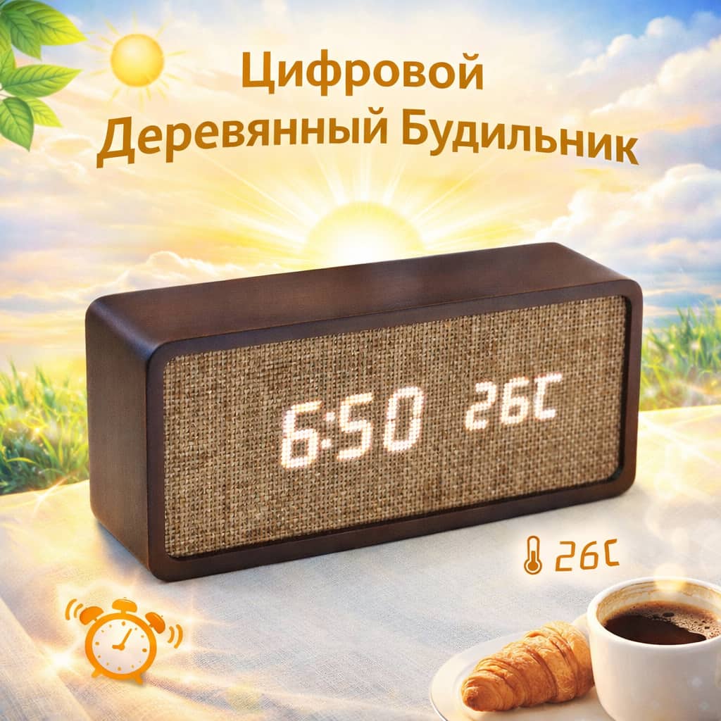 Цифровой деревянный будильник с LED-подсветкой