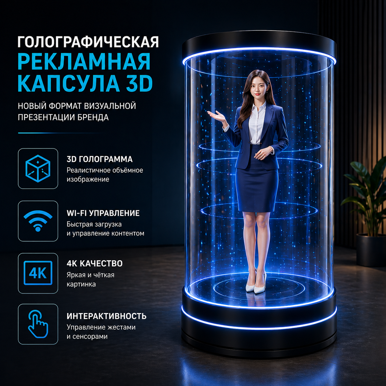 Цилиндрическая интерактивная голографическая витрина 3D с ИИ
