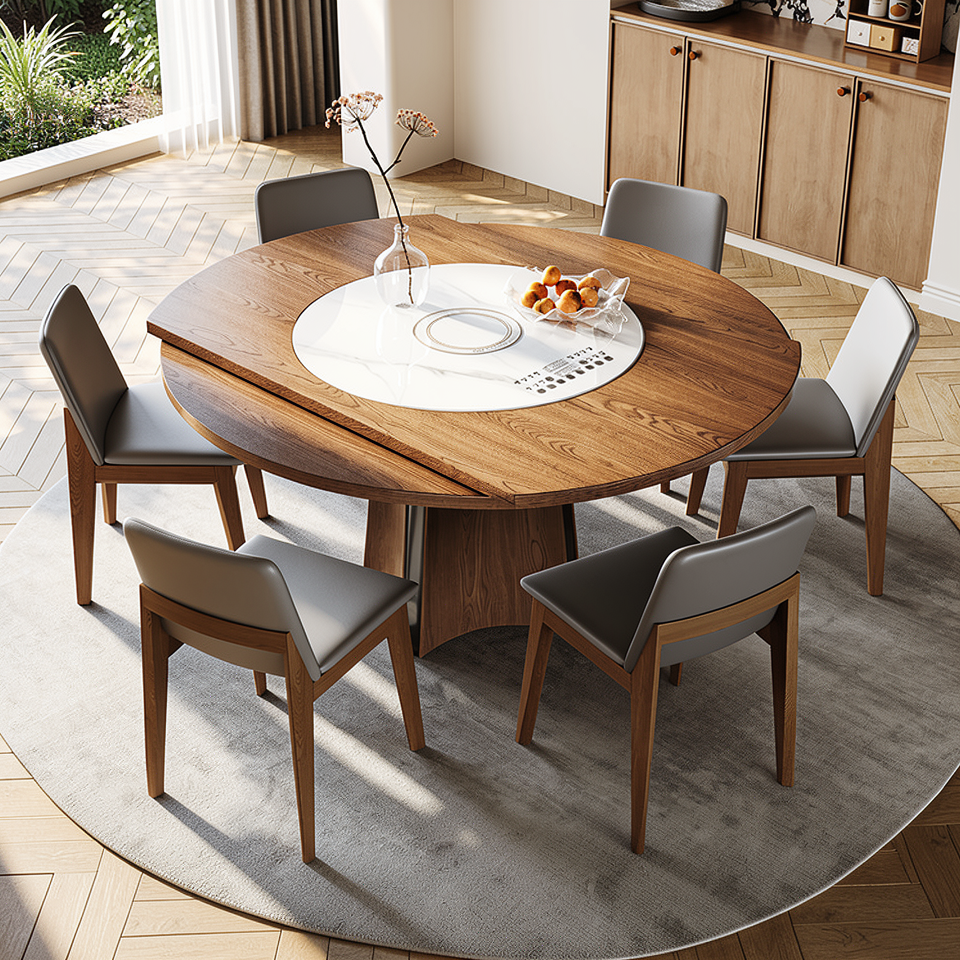 Middle ancient style solid wood rock board jumping table, household embedded warm cutting board, electromagnetic stove, rotatable telescopic dining table