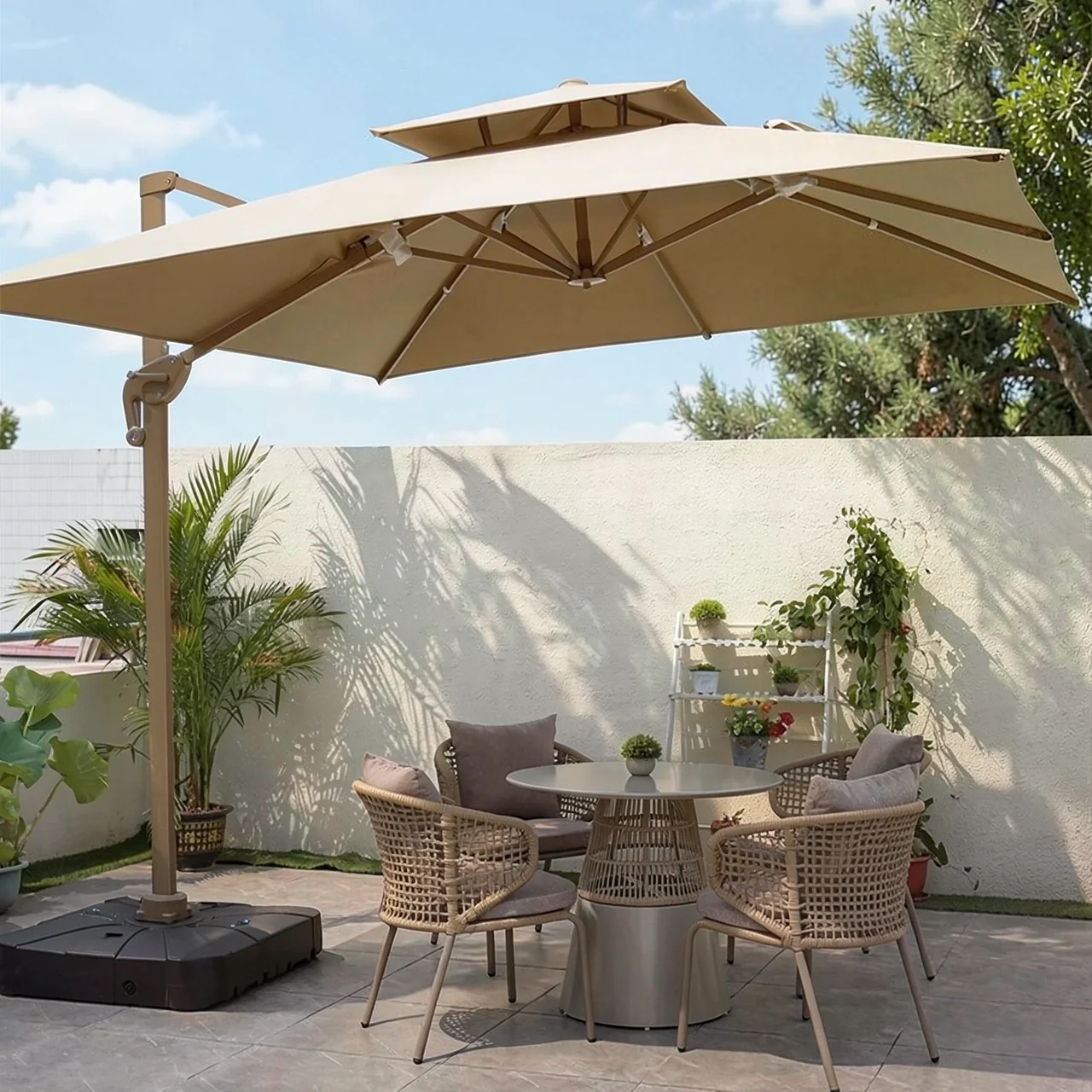 Outdoor sunshade, solar powered square umbrella, garden, villa, milk tea shop, outdoor leisure area, outdoor umbrella placement