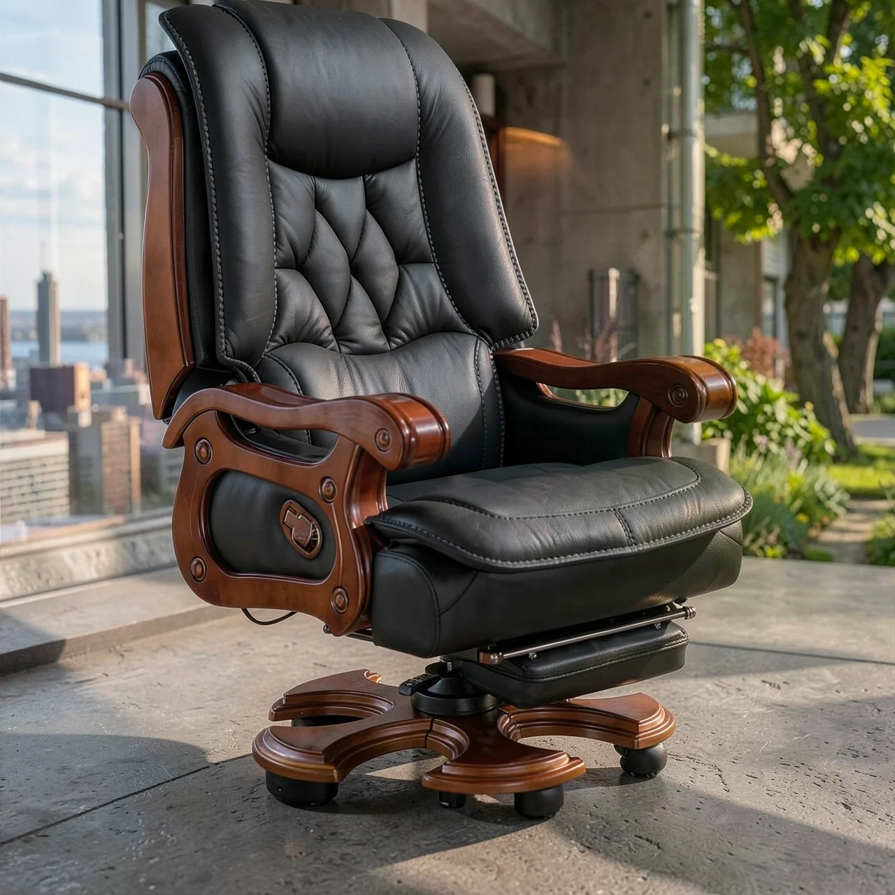 Эргономичное офисное кресло руководителя Hubo Furniture модель 6016 из массива дерева и кожи
