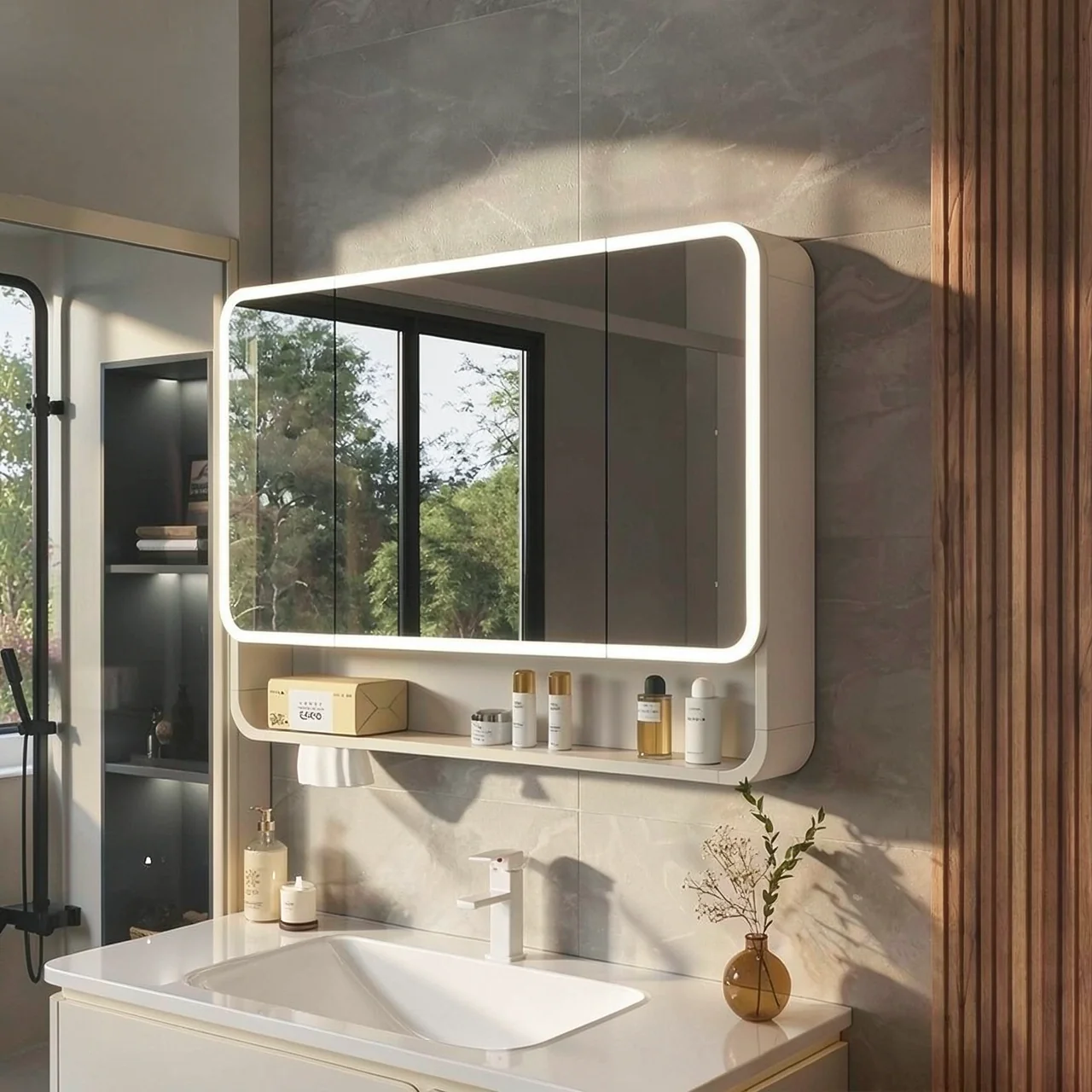 Ximeixin Furniture Space Aluminum Arc Intelligent Bathroom Mirror Cabinet Aluminum Alloy Mirror Box Bathroom Wall Mounted Storage
