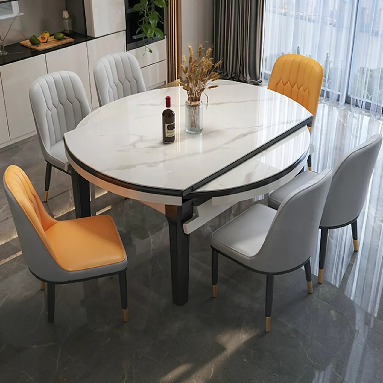 Modern minimalist and luxurious rock slab dining table and chair combination for small units, foldable and expandable round table with induction cooker function, household dining table