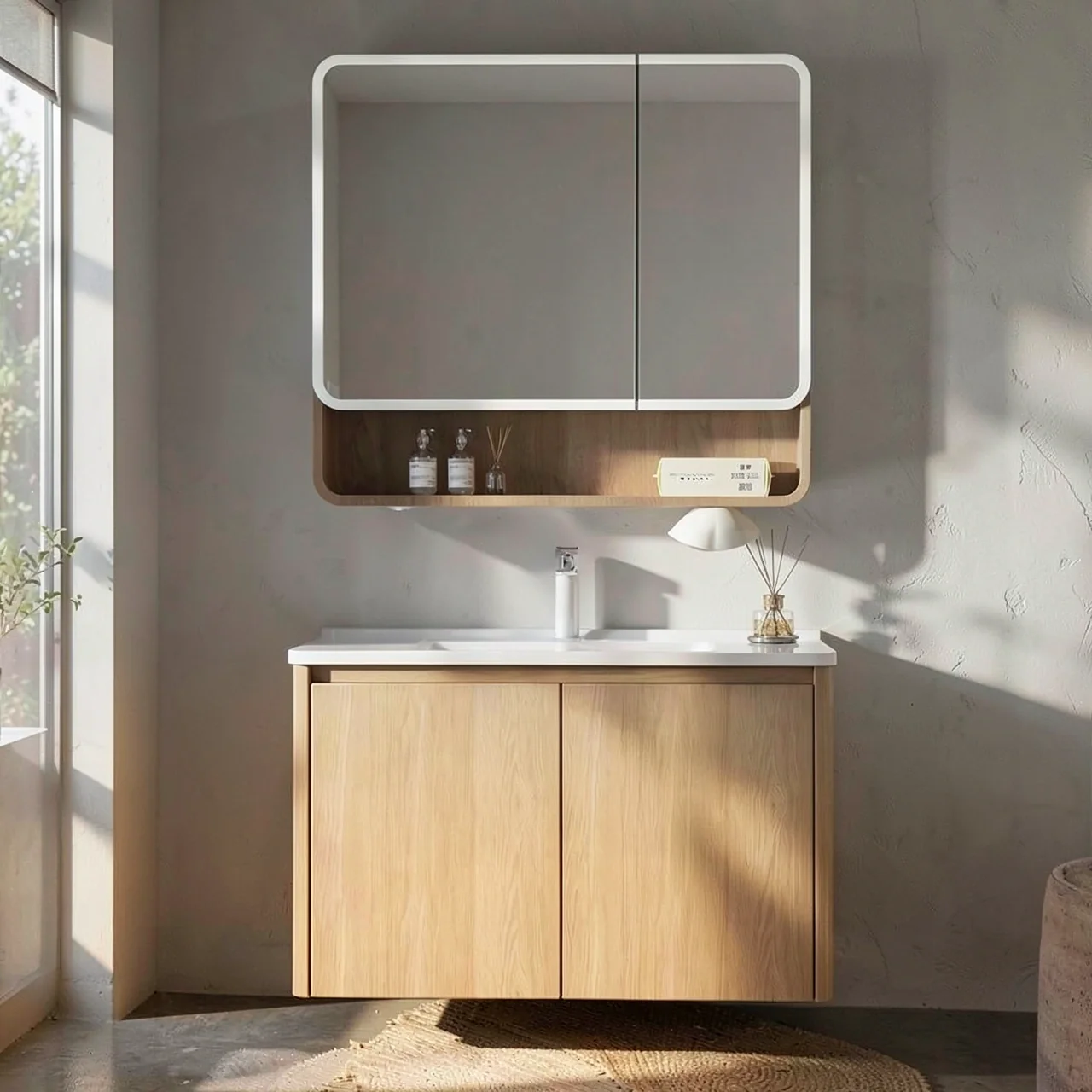 Wood colored honeycomb aluminum bathroom cabinet, mirror cabinet, combination of circular arc angle ceramic integrated basin, washbasin, sink, and wash basin