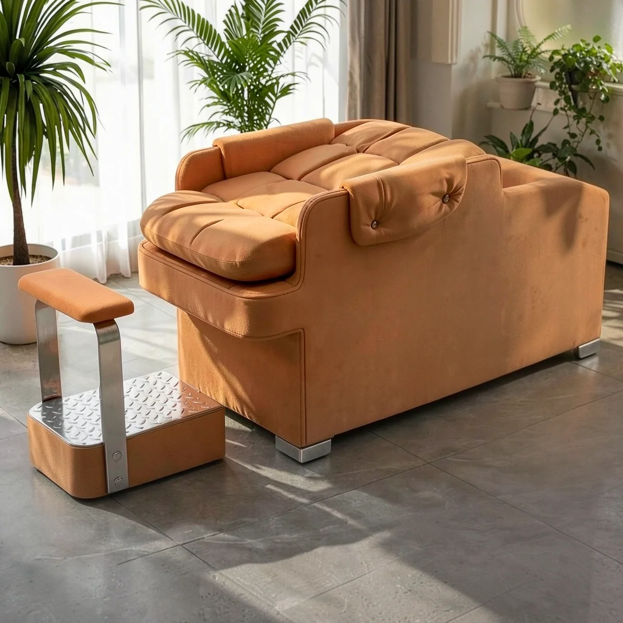 New hair washing bed, hair salon exclusive semi reclining large ceramic basin with foot pedals, high-end modern hair washing and hairdressing lounge chair