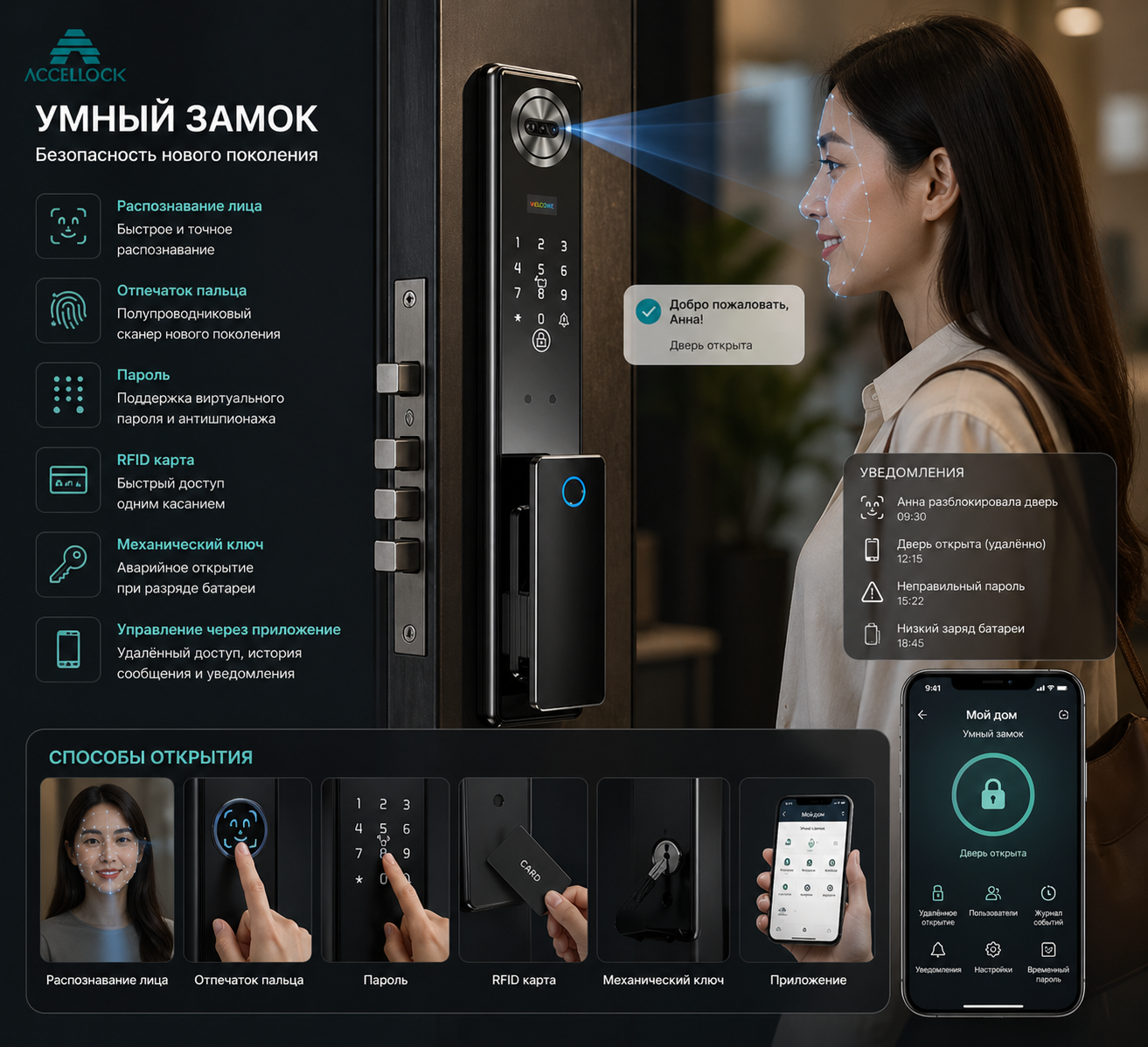 Интеллектуальный дверной замок Double voice Fingerprint lock с распознаванием лиц