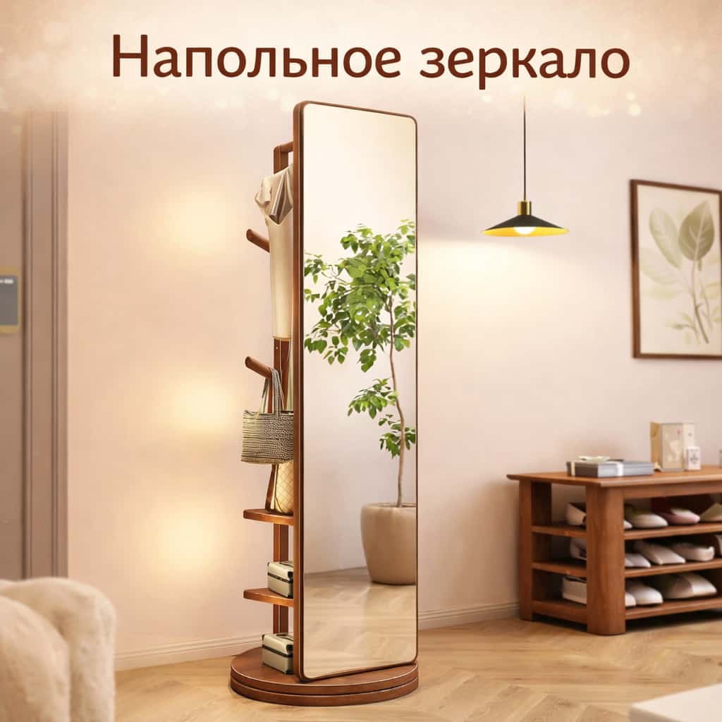 Зеркало напольное No brand натуральное, большое, на колесах