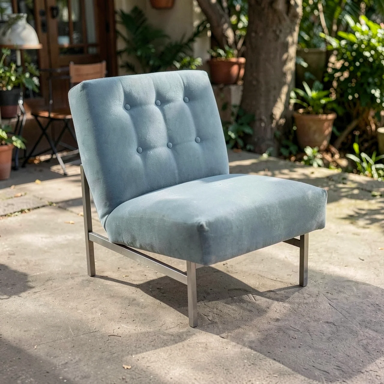 Bauhaus Armless Single Sofa Chair Vintage Lake Blue Velvet Fabric Living Room Leisure Chair Metal Frame
