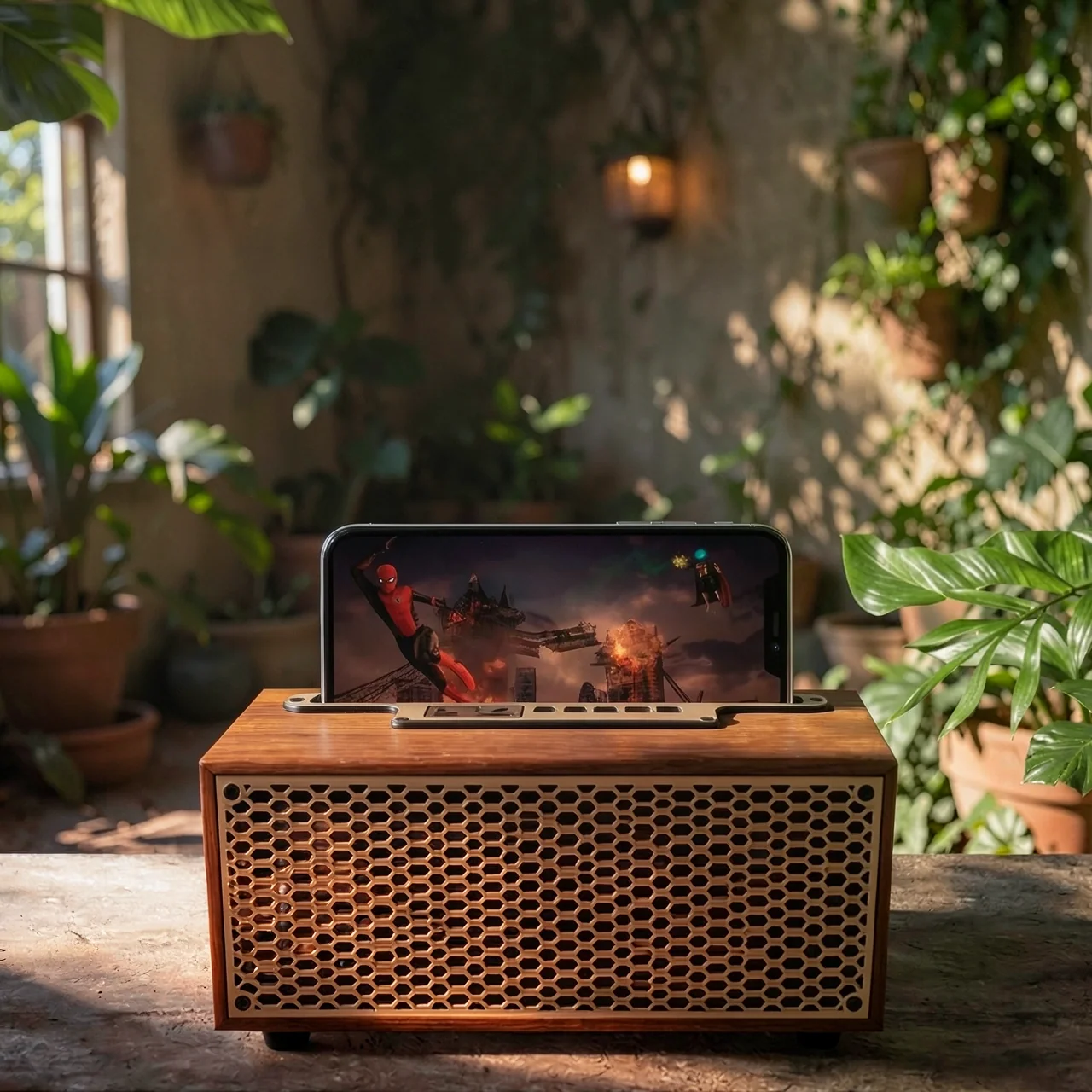 Беспроводная Bluetooth колонка с деревянным корпусом и подставкой для смартфона